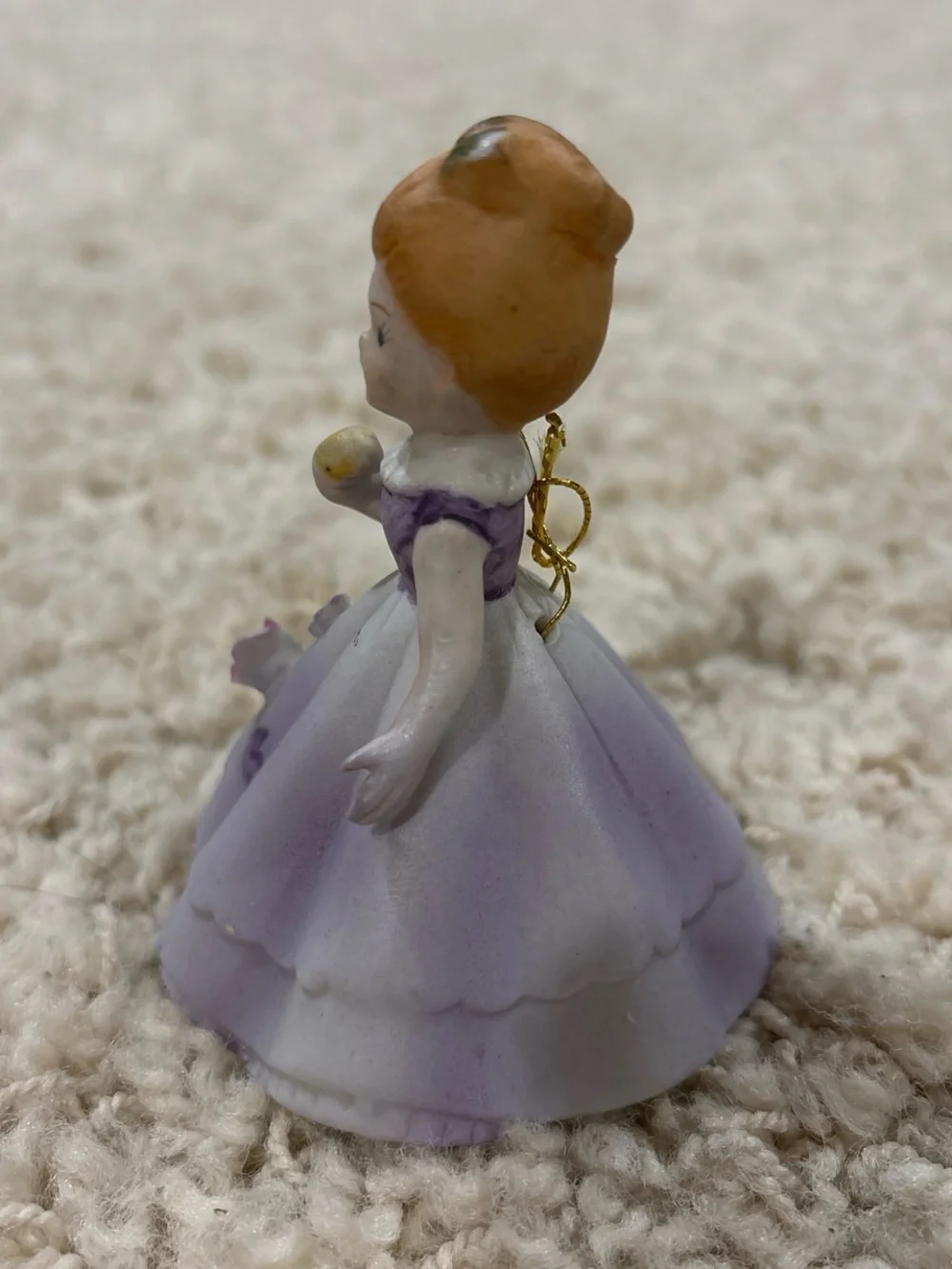 Vintage 1960s Japanese Miniature Porcelain Woman Lady Bell Purple Dress Floral